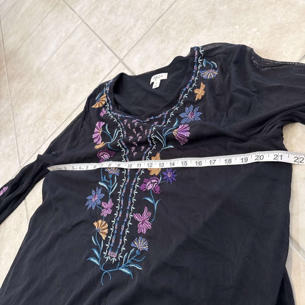 Style Co Black Mesh Embroidered Floral Peplum Top Sz XL Long Sheer Lined Boho - Picture 8 of 11